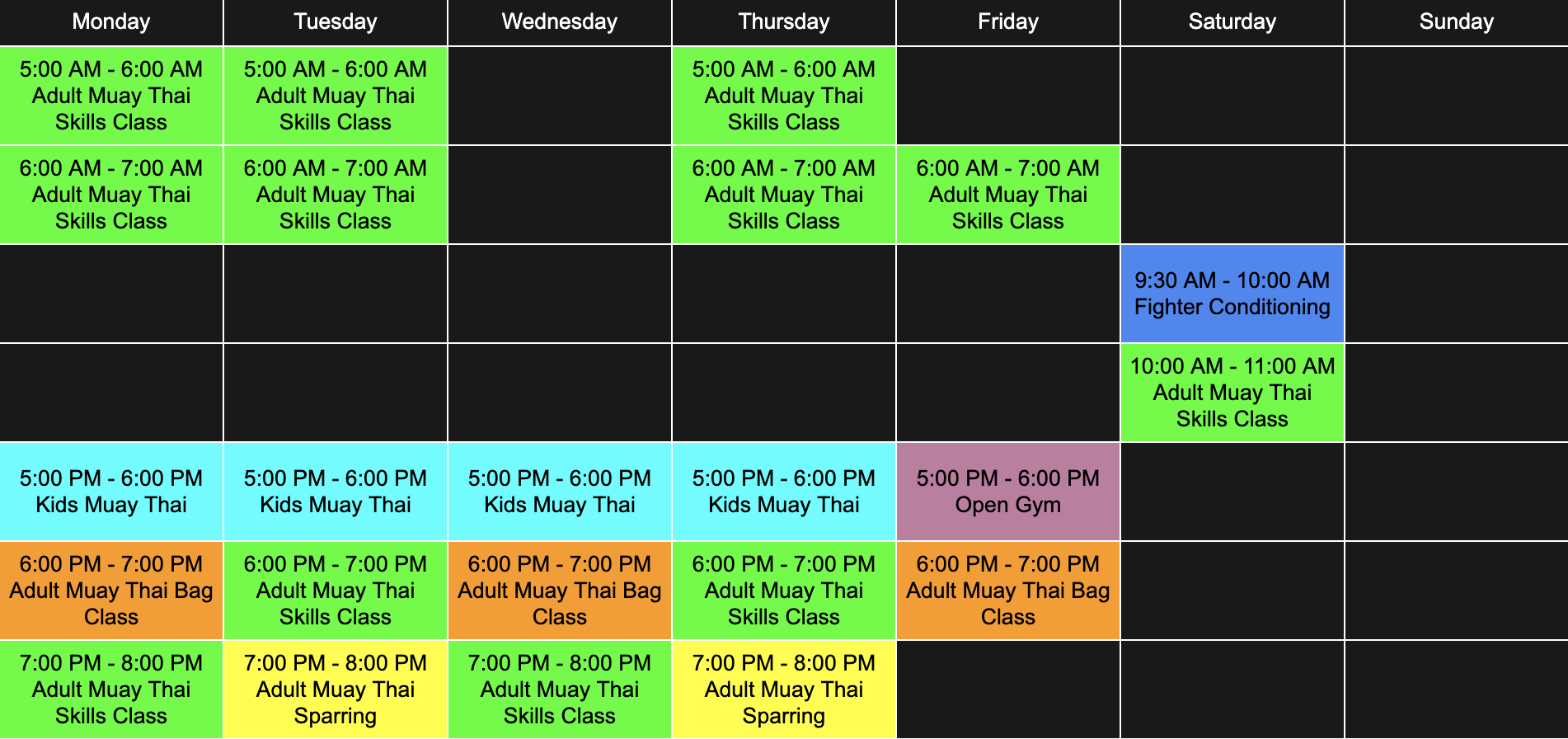 Jaguar Muay Thai Academy's class schedule